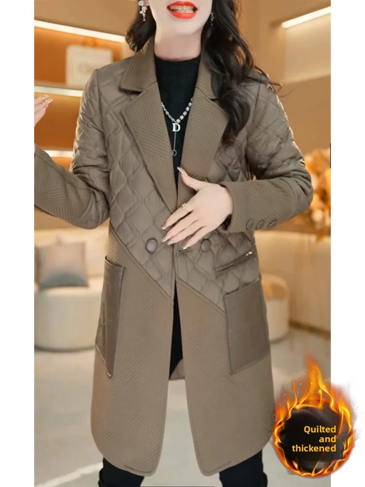 

Ele Cotton Jaet Women's Mid-Length Double-Breasted Coat Warm down Filled Suit Collar Autumn Winter New Sle Cotton Padded