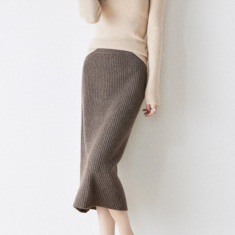 

Merino Wool Knitted Skirt for Women, Mid-Length Skirt, Striped Slit, Autumn and Winter, New, 2024