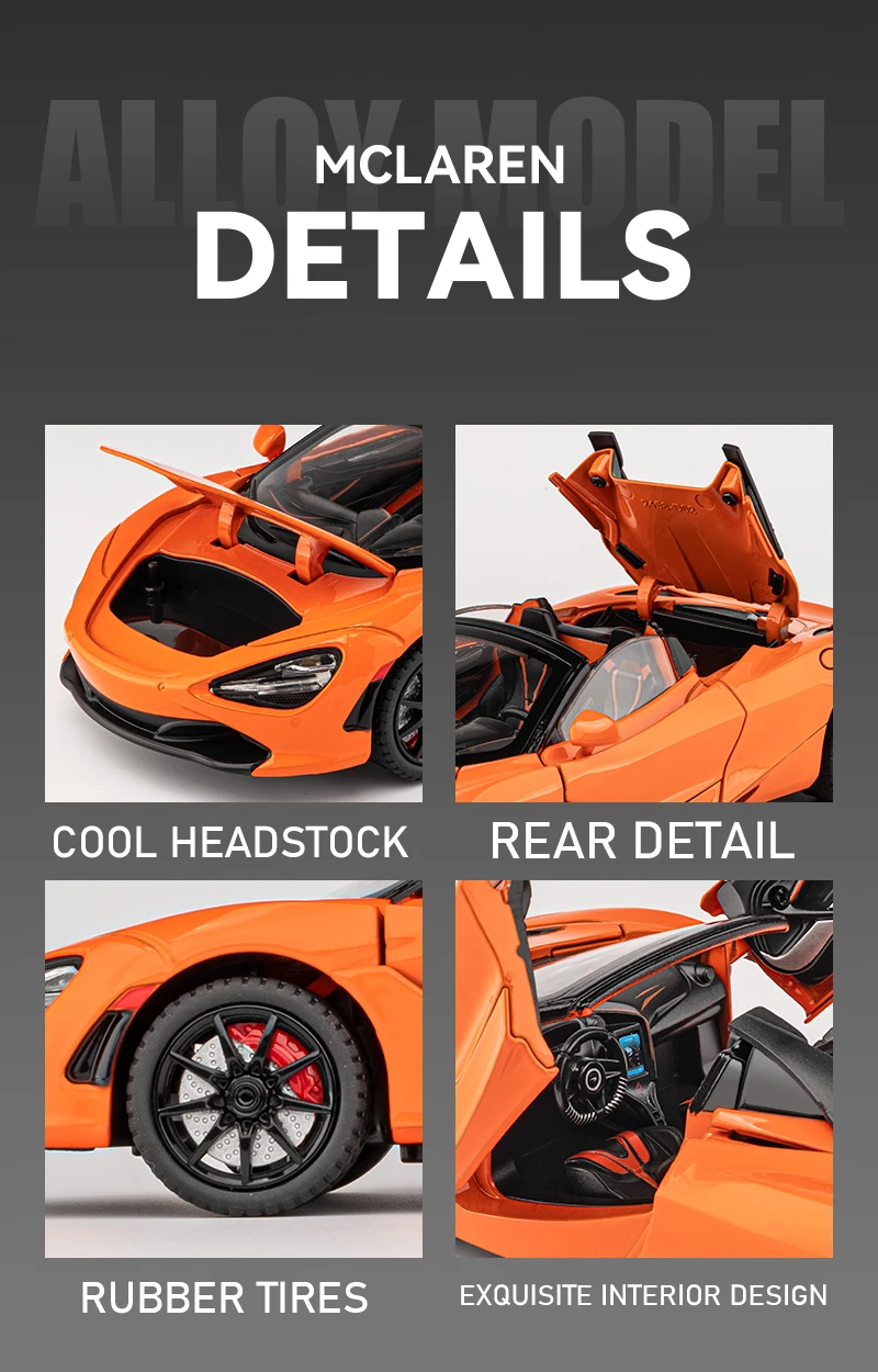 1/24 Scale 720S Racing Sports Car Alloy Model Toy Diecast Vehicle Metal Fast Furious Sound Light Collect Kid Birthday Gift Deco