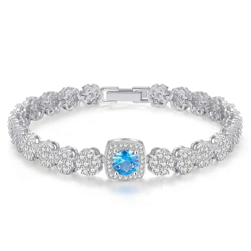High Quality Fine Jewelry Elegant Main Round Blue Zircon Bracelet White Tennis Bracelet