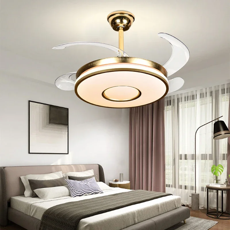 Contemporary Invisible Gold Ceiling Fan Lamps LED with 4 Retractable Acrylic Blades Lighting Groups Ceiling Light Fan