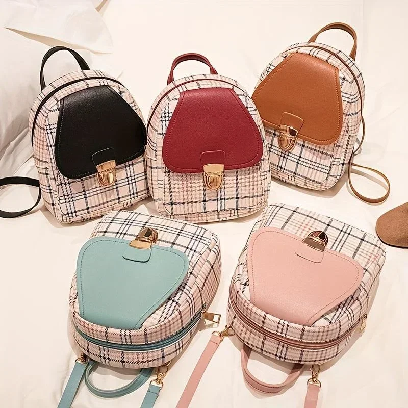 Women Bag Fashion Plaid Backpack Cute Small Backpack Zipper Casual Shoulder Bag Card Wallet Mobile Phone Lipstick Key Bag