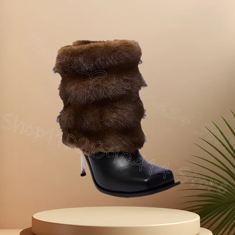 حذاء بكعب معدني بتصميم مخطط من الفرو البني سهل الارتداء حذاء نسائي بكعب عالي رفيع مثير موضة مأدبة الحفلات 2025 Zapatos Para Mujere #3