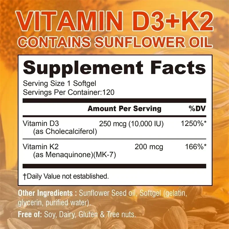 Vitamin D3+K2 Capsules - Help Regulate Calcium Metabolism, Supports Teeth, Bones, Heart Health, Joint Health, Immunity - Image 2