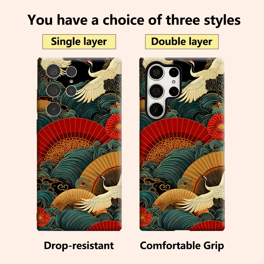 Chinese Red-Crowned Crane Wave Luxury Fashion Full Lens Protective Case for Samsung Galaxy S26 S25 S24 A56 A36 Plus Ultra