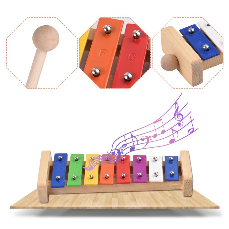 8 Keys Xylophone Compact Size Glockenspiel Colorful Aluminum Plate Piano with Wooden Mallets Percussion Musical Instrument Gift