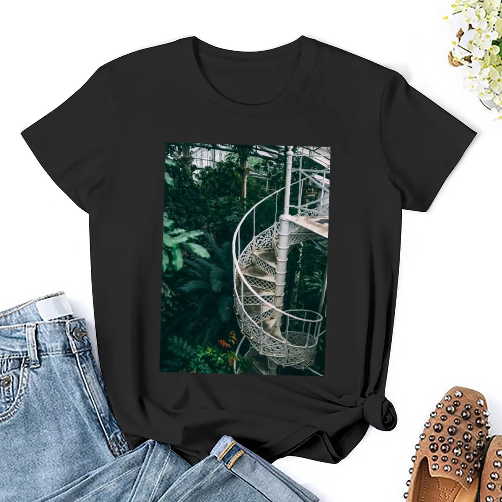 Spiral Staircase in Botanical Garden - Green Plants T-Shirt shirts graphic tees Blouse western t-shirt dress for Women