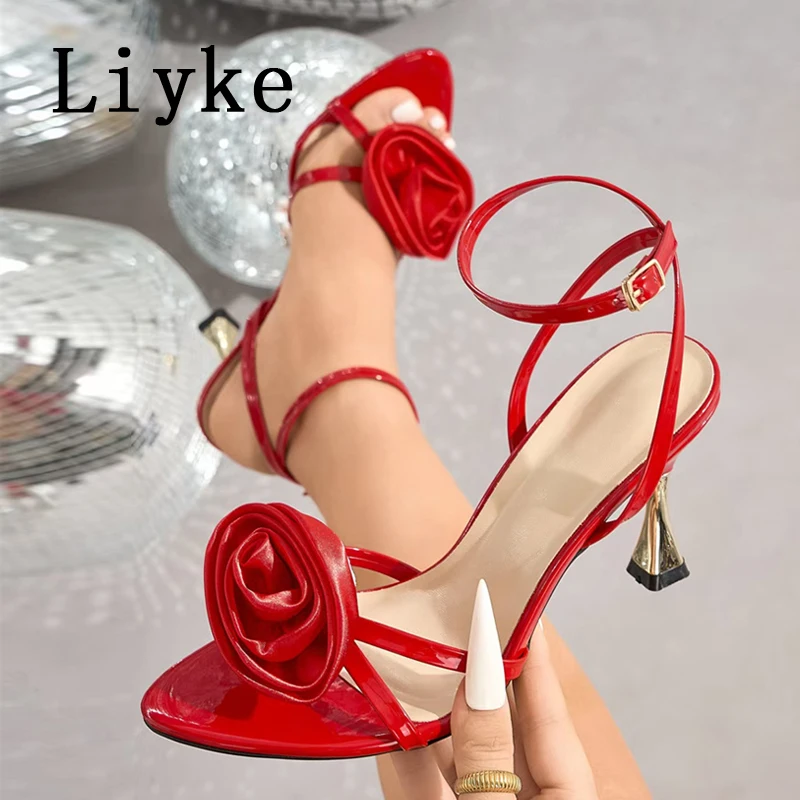 Liyke Wine red Silk Rose Flower Women Sandals Summer Fashion Open Toe Buckle Strap Metal Thin Heels Party Prom Shoes Size 36-43