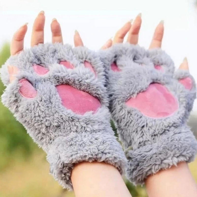 Kawaii Women Cat Gloves Fashion Girls Cat Claw Paw Plush Mittens Warm Soft Plush Short Fingerless Half Finger Winter Gloves