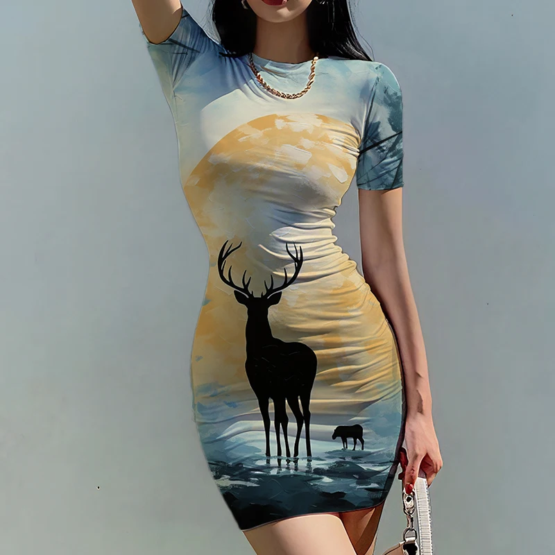 Summer new lady slim dress deer moon 3D printed lady dress beautiful lady slim dress fashion trend lady slim dress