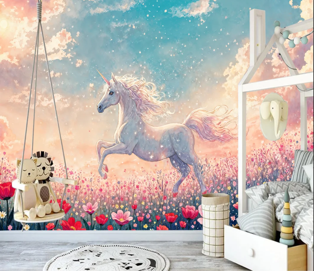 Custom mural hand-painted flamingo feather wallpaper children's room cartoon Grassland flowers decoration painting 3d wallpaper