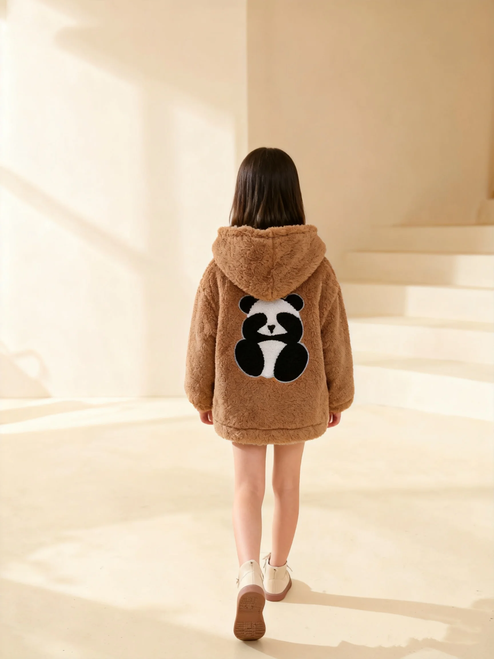 

New Autumn And Winter Girls' Long Sleeved Plush Pocket Jacket Cartoon Panda Zipper Hoodie Casual Hooded Jacket
