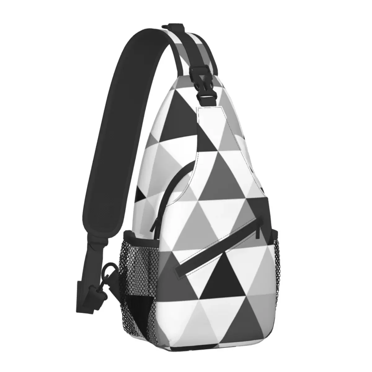 Triangles Black Grey White Crossbody Chest Bags Geometric Pattern Pockets Travel Pack Messenger Sports Teens Shoulder Bag Unisex