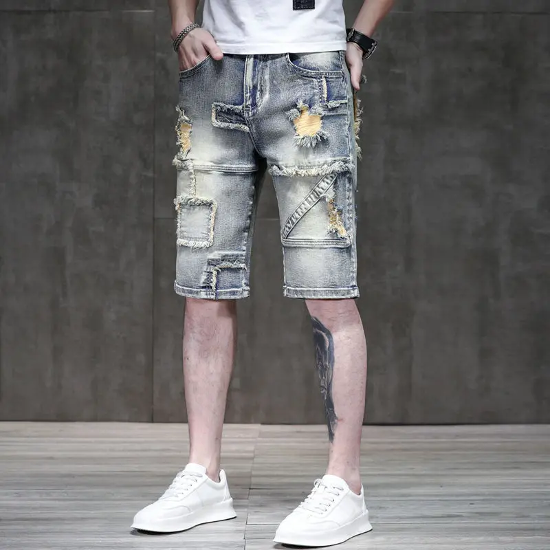 Summer Casual Straight Leg Denim Knee Length Shorts Distressed Patchwork for 2024 Trends Vintage Designer Hip Hop Short Jeans