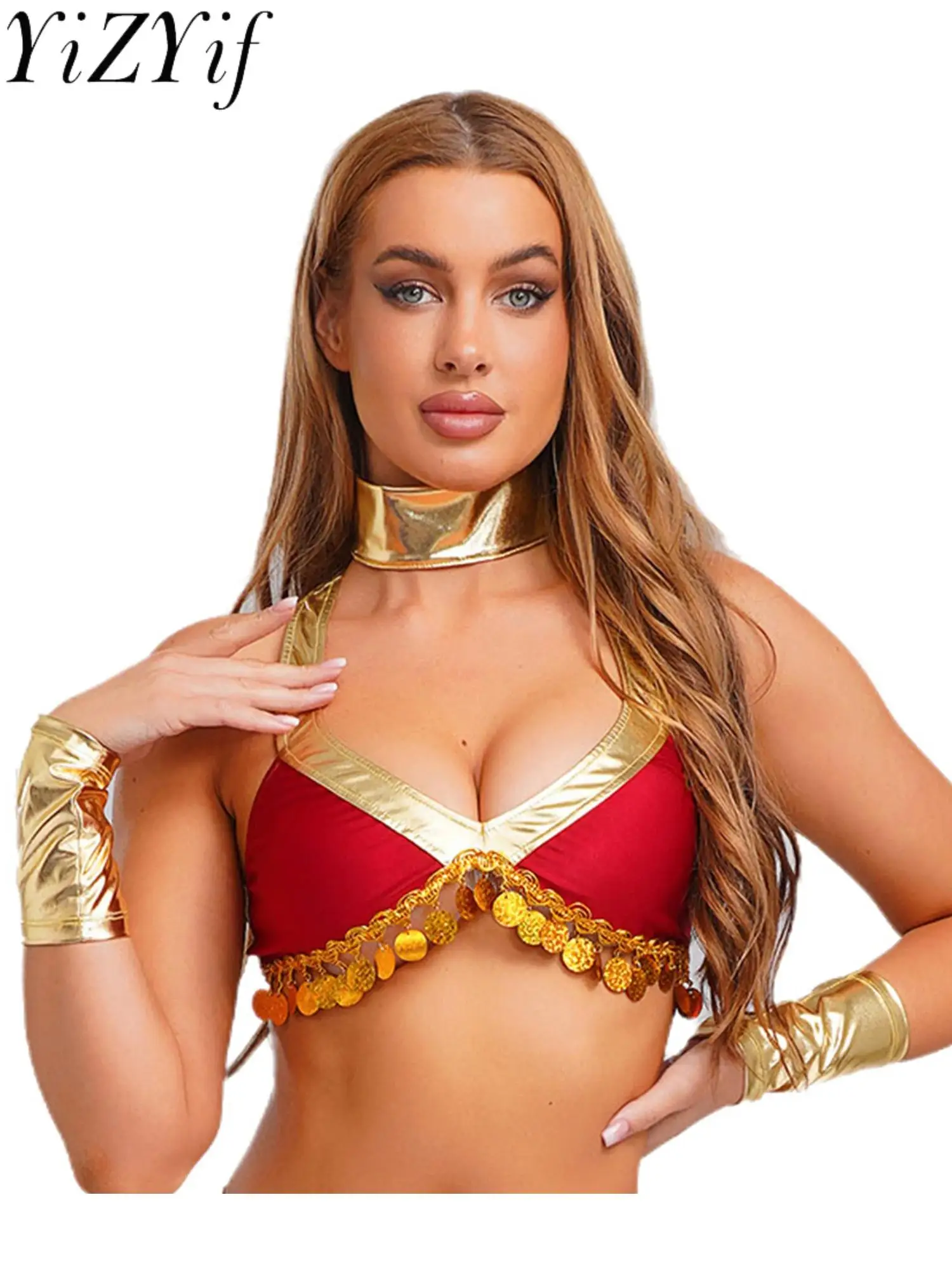 

Halloween Ancient Egyptian Ethnic Cosplay Top Wristlets Sets Women Metallic Tassel Fringe Bra Top for Belly Stage Dance Costume