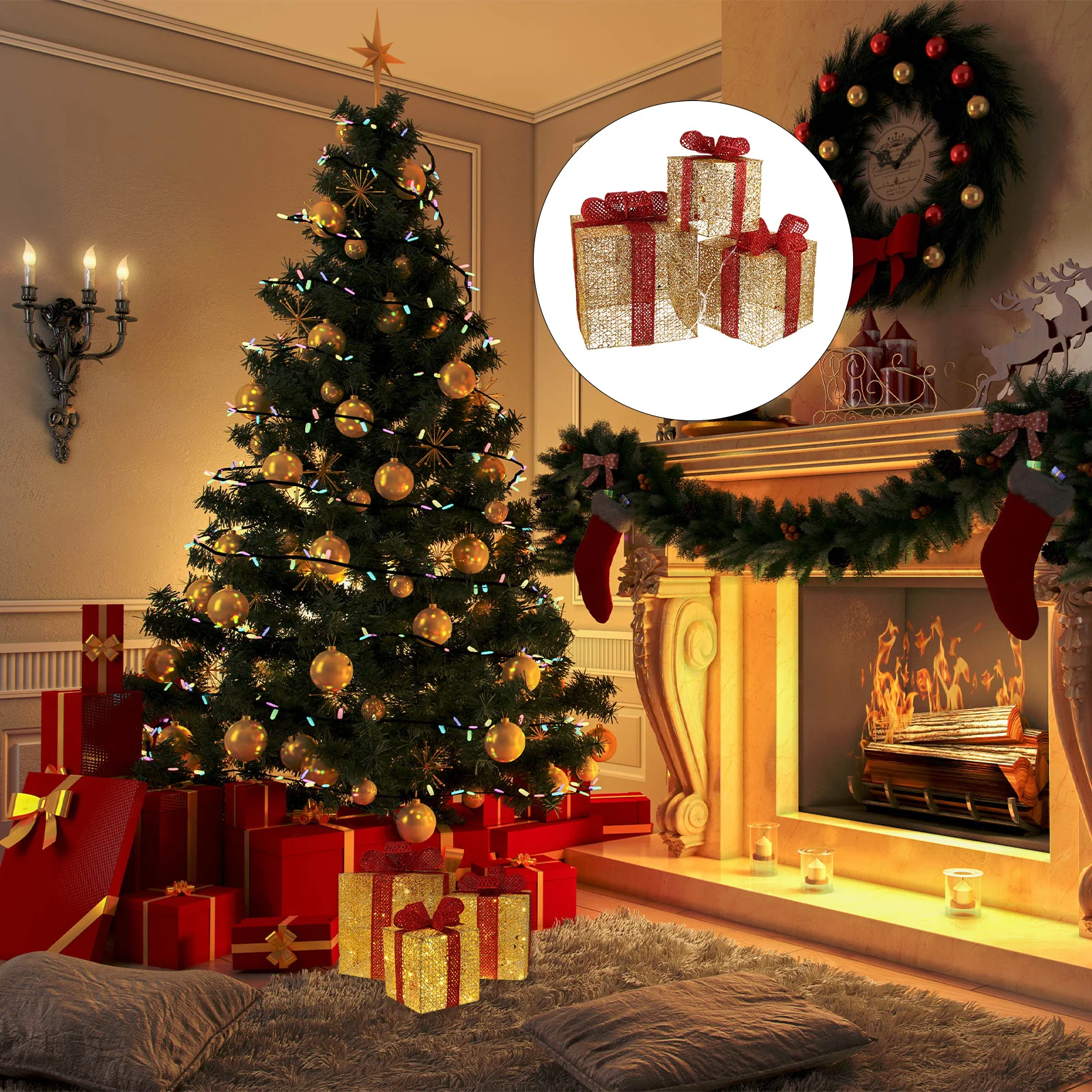 

3 pcs 1 Set Christmas Light Up Gift Boxes Unique Xmas Decorations Glowing Present For Home Hotel Bar Office Party Use