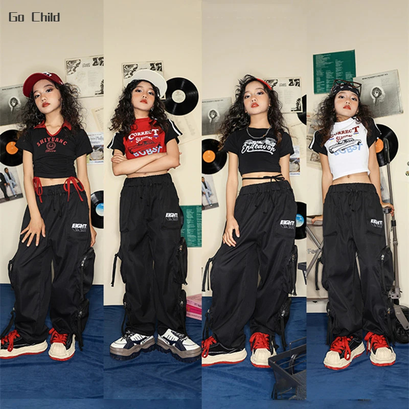 

Girls Hip Hop Crop Top Pocket Cargo Pants Clothes Set Kids Polo T-shirt Street Dance Joggers Child Cool Streetwear Teen Costumes