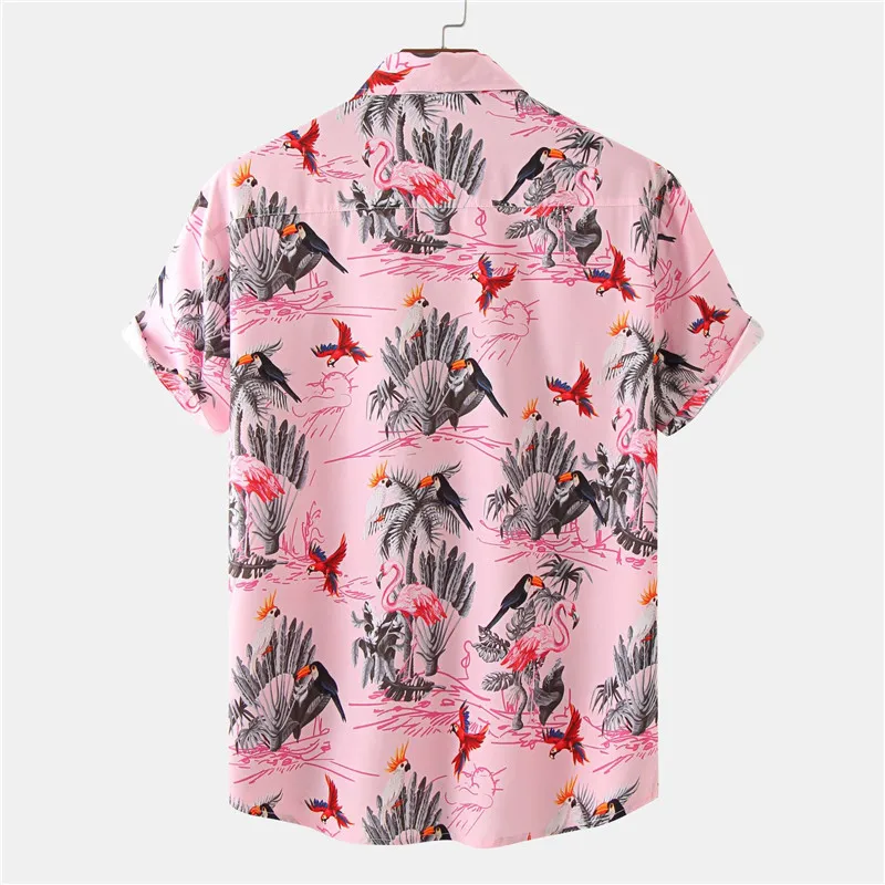 Pink Flamingos Print Hawaiian Floral Shirt Men 2024 Summer Short Sleeve Beach Aloha Shirts Men Party Vacation Tops Clothing 3XL