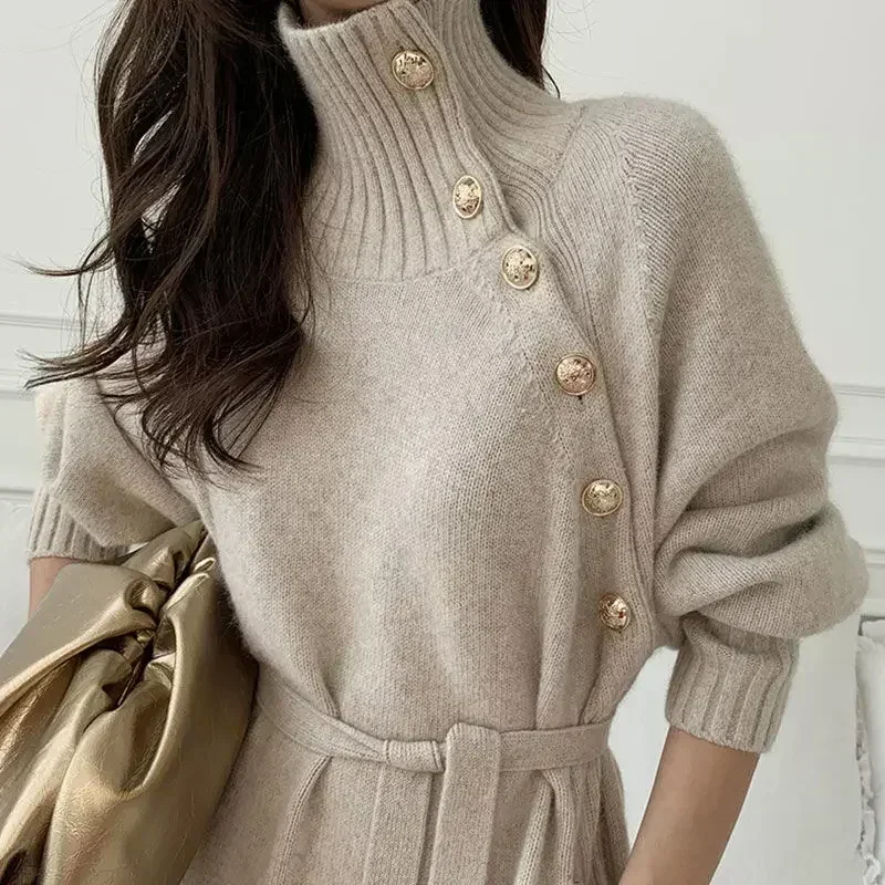 Turtleneck Sweaters Dresses for Women Party Pullovers 2025 New Spring Autumn Winter Button Long Sleeves Skirts Female Clothing