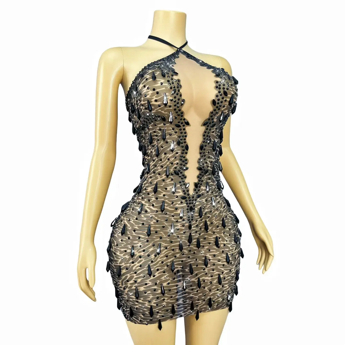Luxus Sparkly Diamanten Sexy Mesh Sheer Backless Mini Kleid Frauen Abend Prom Geburtstag Party Nachtclub Foto-shooting Bühne Tragen