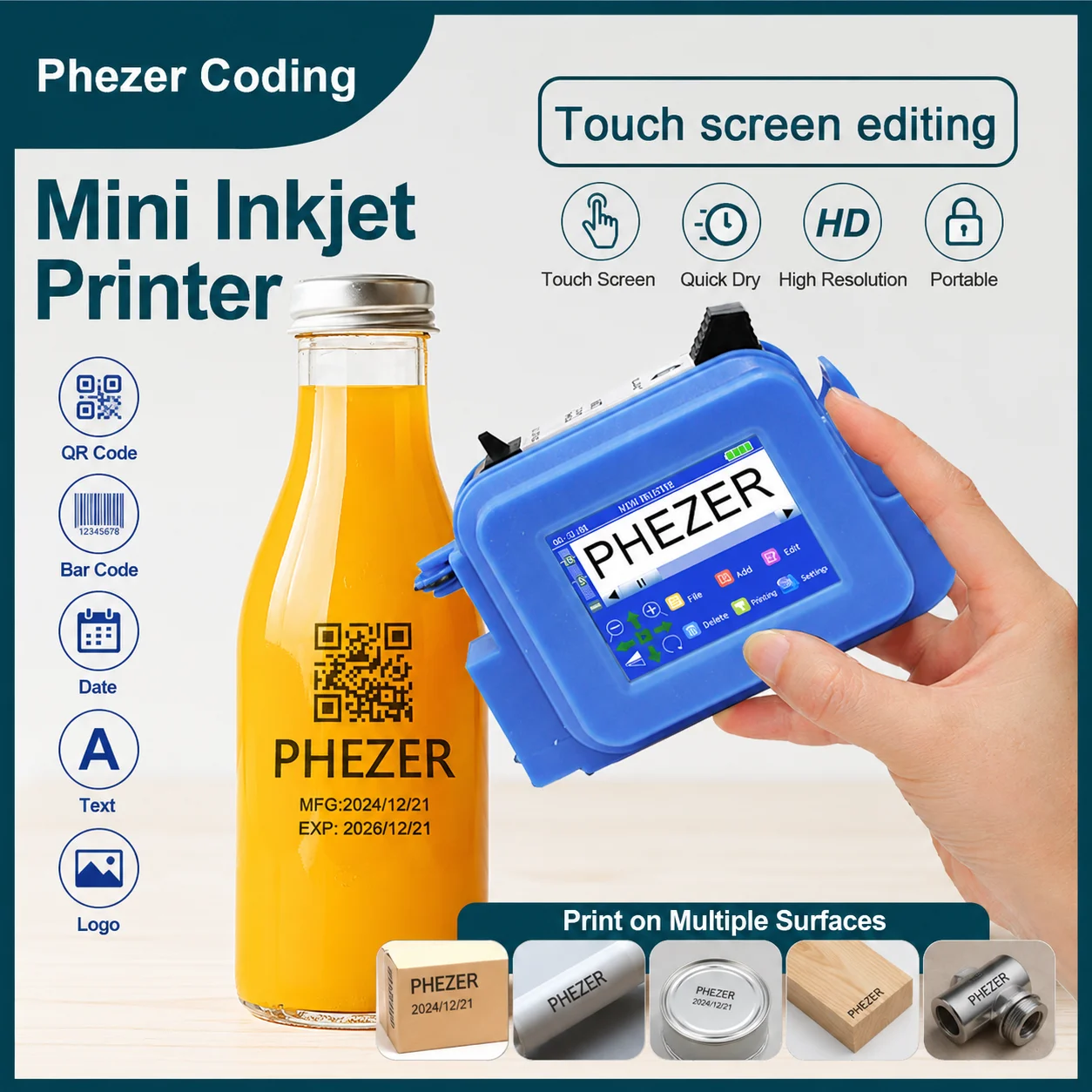 

Phezer 28 Languages12.7mm PC13plus Portable Mini Inkjet Printer QR Bar Batch Code Date Number Logo Expiry Label