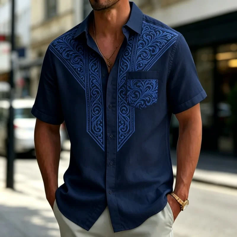 Men's Red Baroque Scroll Trim Black Short Sleeve Shirt Lapel Button Placket Urban Evening Outing Mens Summer Street Outfits