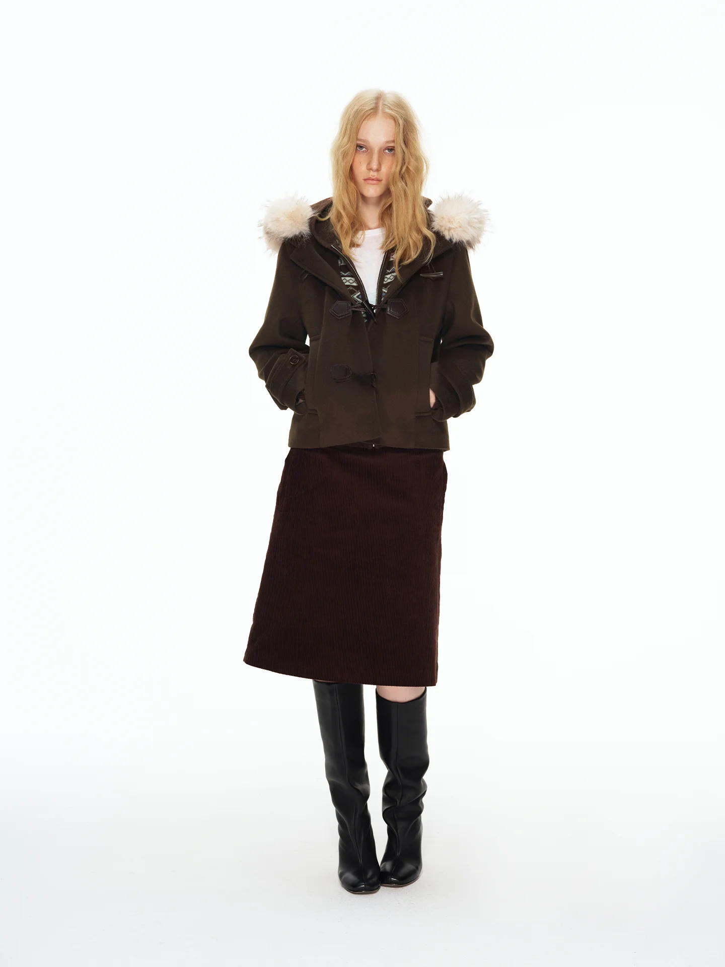 

Brown Detachable Fur Collar Woolen Coat with Cisas Button Autumn Winter New Sle Hooded Outerwear for Women Warmth Guara...