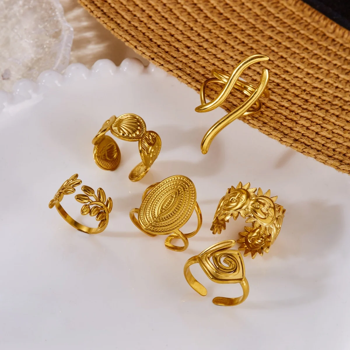 Vintage Edelstahl-Ringe mit Sonnenblumen- und Blattmuster für Damen und Herren, Punk-Mode, geometrischer Spiral-Oval-Fingerring, Schmuck – Detail 25