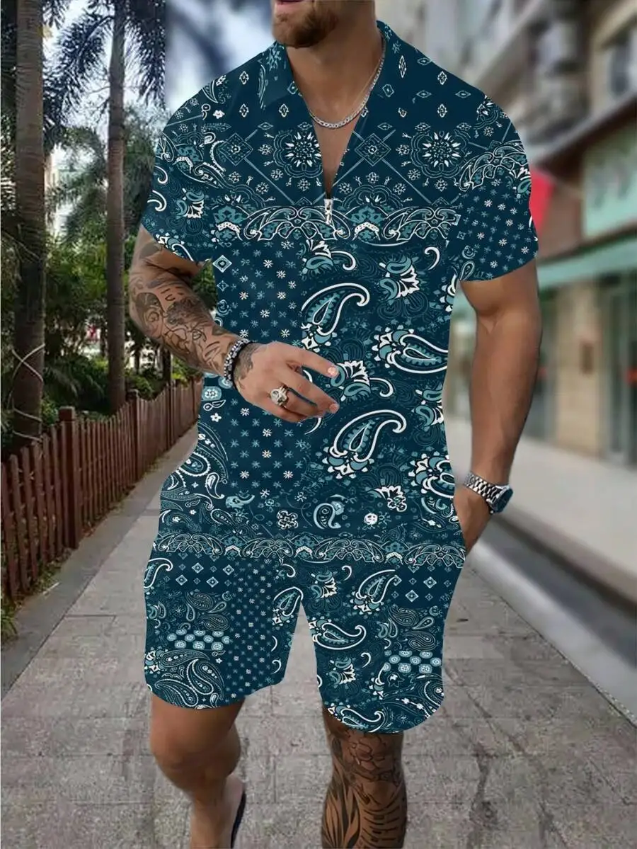 Conjunto de Camisa Polo con Cierre y Pantalones Cortos con Estampado Paisley para Hombre, Estilo Casual de Verano, Ropa de Playa para Vacaciones, Estilo Urbano para Adultos