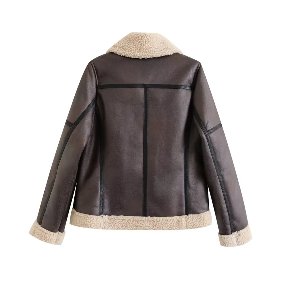 PB&ZA2024 Autumn New Women\'s Fashion Style Casual Warm and Versatile Flip Collar Fur Integrated Jacket Coat