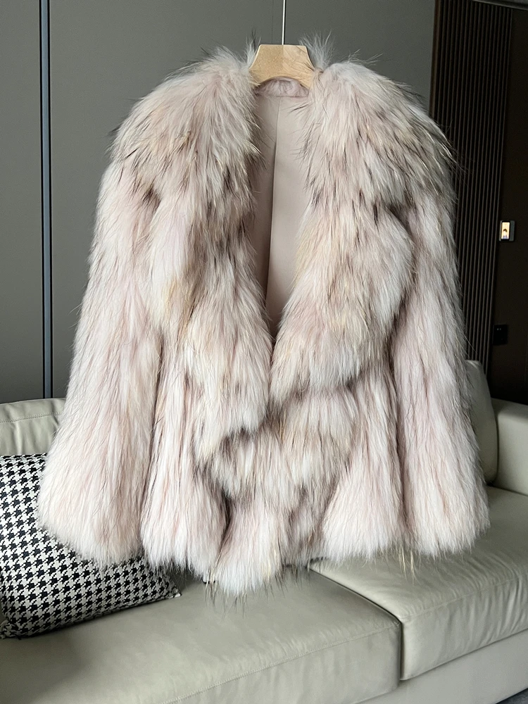 ใหม่ Raccoon Fur ทอเสื้อขนสัตว์ผู้หญิง Ruffle Collar Design