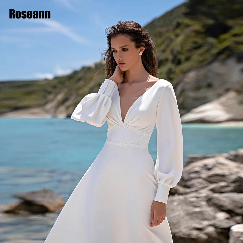 Customized Satin Wedding Dresses For Women V Neck Puffy Sleeves Bridal Gowns Button Back Court Train A Line robe de mariée 2025