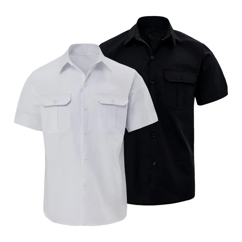 Men Cargo Shirt Men's Summer Cargo Shirt Lightweight Breathable Office Top with Turn-down Collar Short Sleeves Solid Color