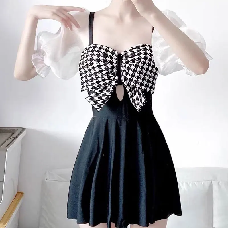 Elegant Fashion Harajuku Slim Fit Female Clothes Loose Casual All Match Bathing Suits Flounce Bow Short Sleeve One Piece Skirt