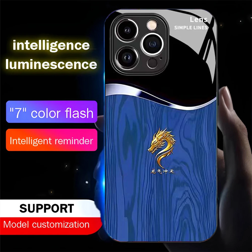 

Luxury Grain Golden Dragon Smart LED Light Glow Tempered Glass Phone Case For OPPO Reno 9 10 11 12 13 Pro Find X5 X6 Pro