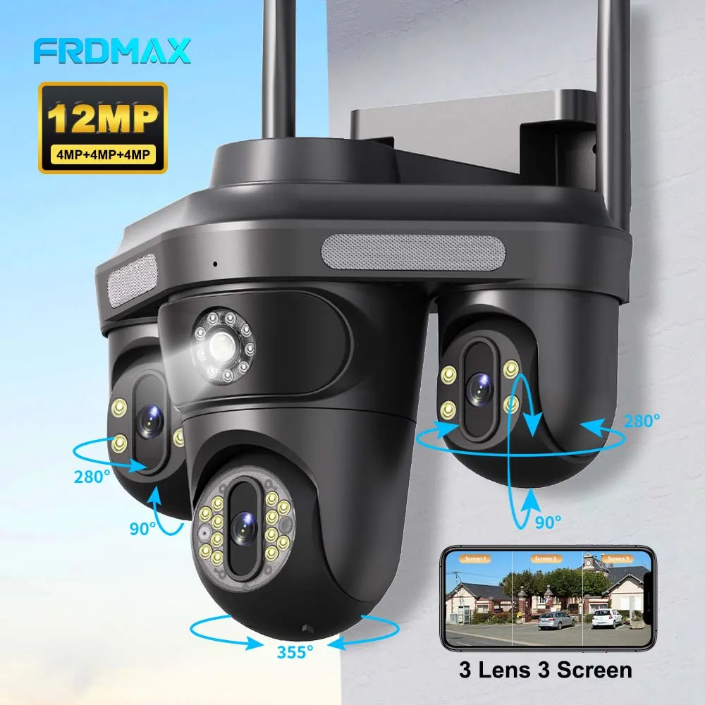 6K 12MP IP Camera Three Lens Three Screens 10X Zoom WiFi Surveillance Camera Smart Security Protection PTZ CCTV Video Camera