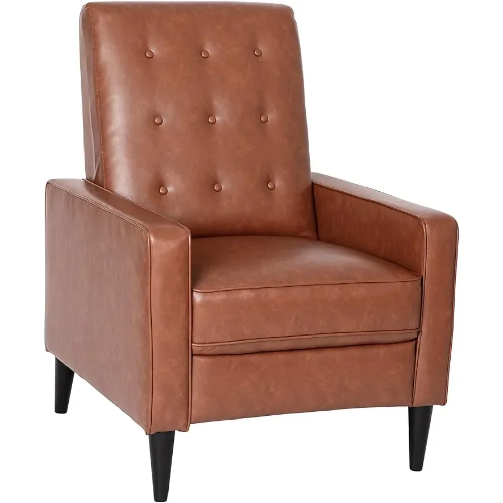 Living Room Chair, Mid Modern Cognac Brown Leather Upholstery, Button Tufted Backrest, Living Room Chair