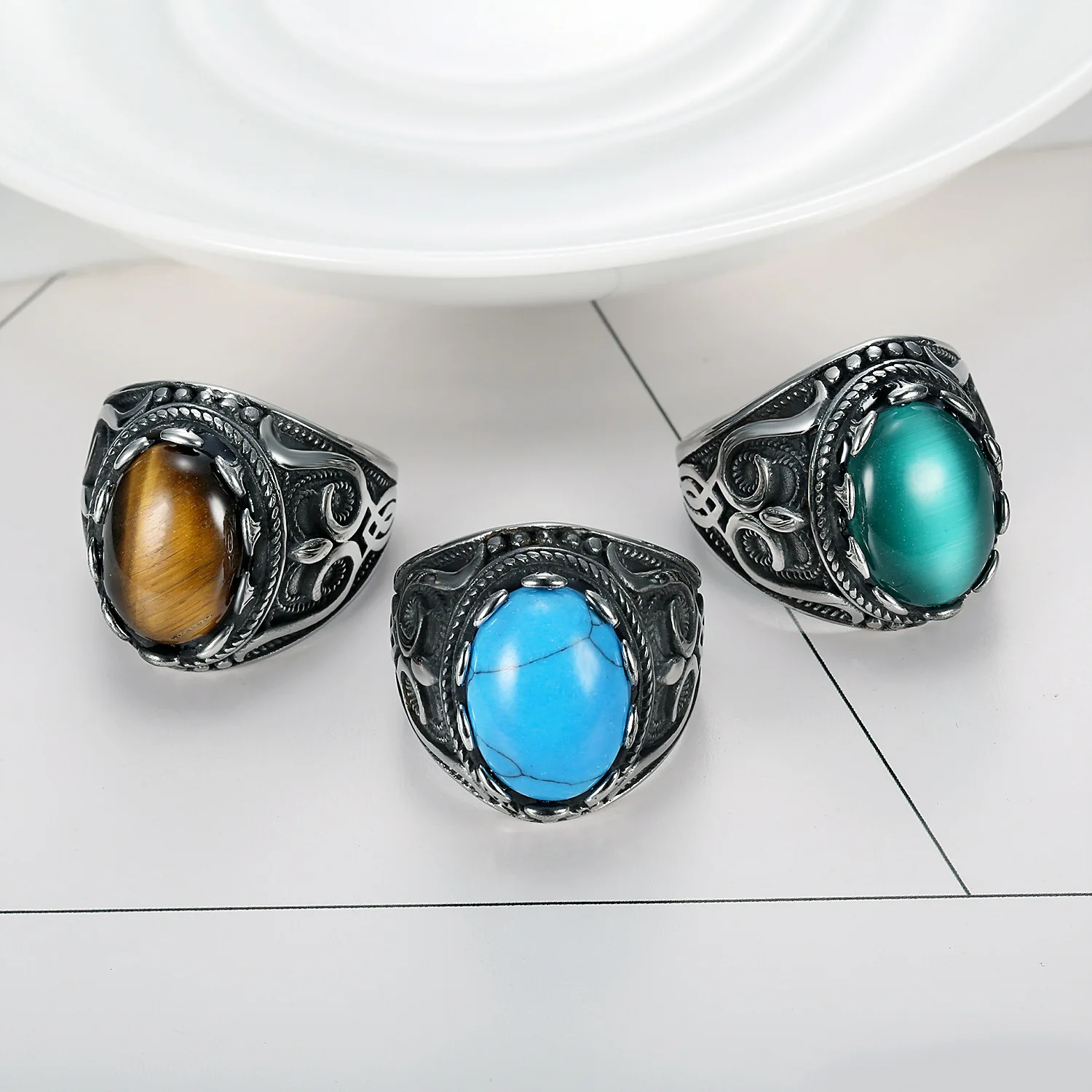 European And American Style High-end Retro Gemstone Ring For Men, Simple Oval Large Gemstone Street Popular Ring