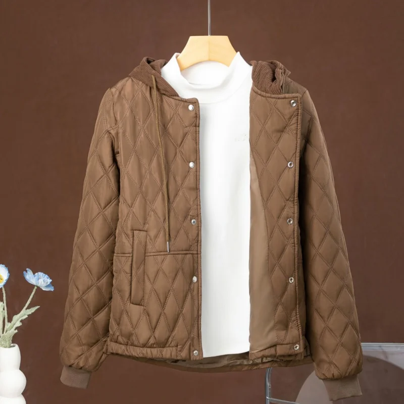 

Faionable ort Cotton Jaet Women's Corduroy Hooded Coat Slimming Small Size Cotton Outerwear Commute OL Sle Knitted Fa...