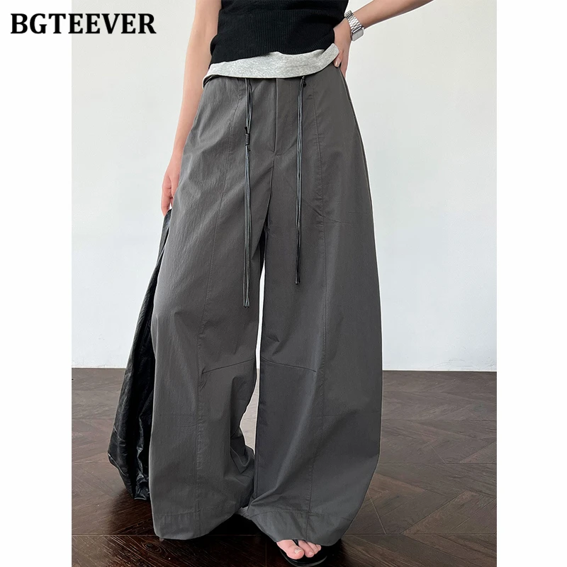 

BGTEEVER Stylish Loose Pockets Ladies Wide Leg Trousers Summer High Waist Lace-up Women Long Pants