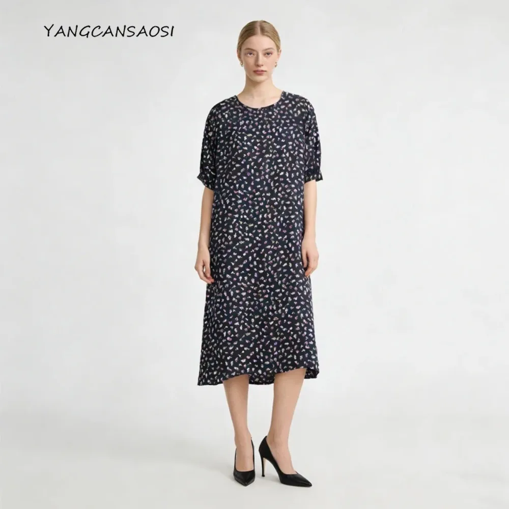 

Элегантное 100% натуральное шелковое атласное платье тутового шелка, женское платье с круглым вырезом и короткими рукавами, небольшой цветочный принт, 2026, модный новый стиль