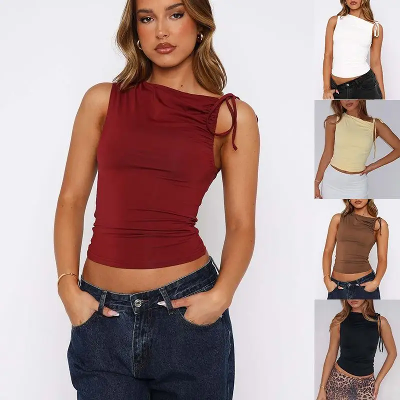 

Women's Slim Fit T-irt with Slanted Collar And Dstring Tie Svel Crew Ne Color Faionable Casual Top