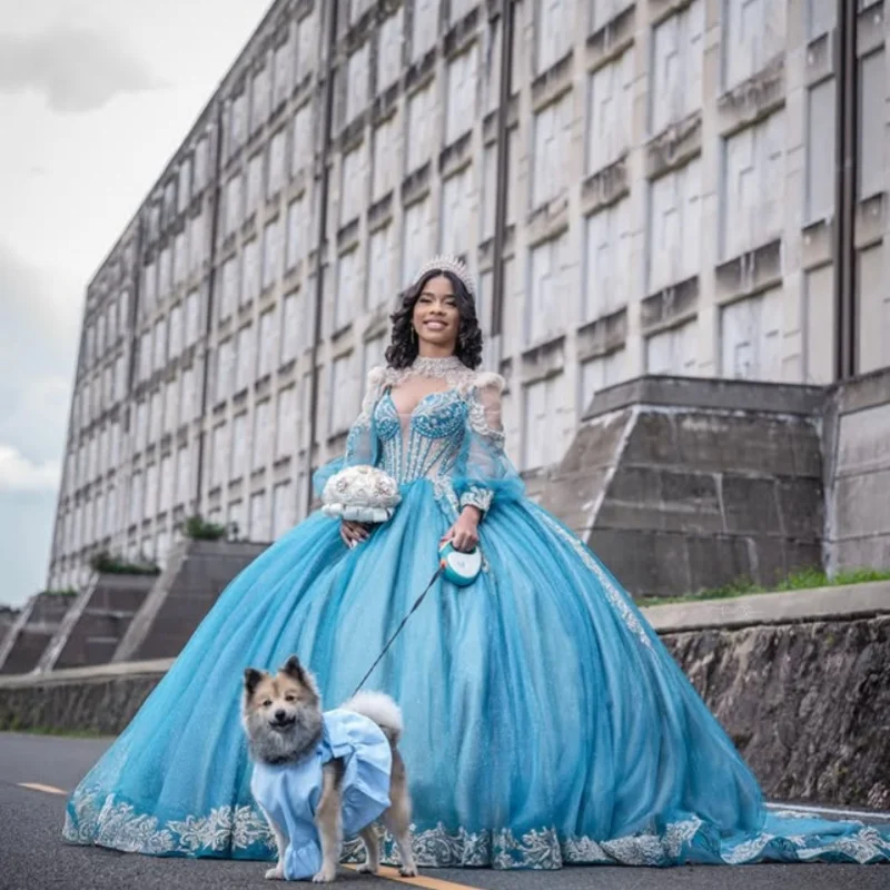 

Blue Quinceanera Dresses Off the Shoulder Crystal Sequin Decal Long tail Vestido De 15 Quinceanera Customize