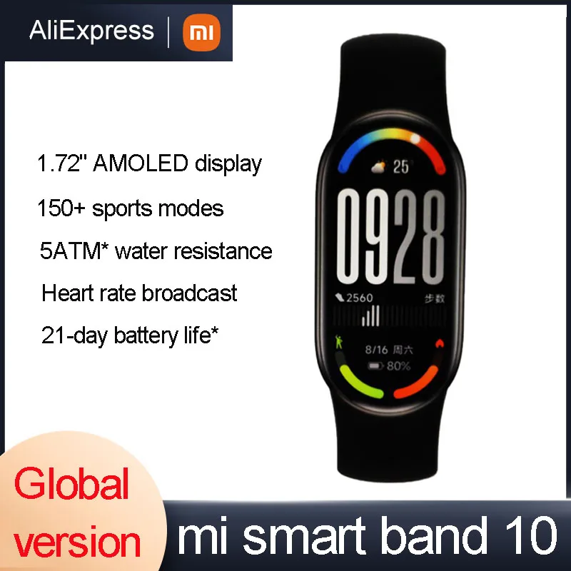 Xiaomi Band 10 Global version 1.72" AMOLED Display 150+ Sports Modes Heart Rate Broadcast 5ATM Waterproof Sports Bracelet