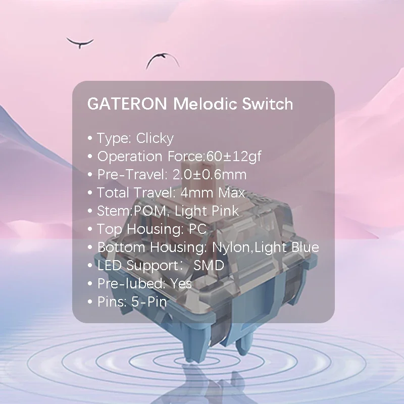 Gateron Melodic Switch 60g Clicky 5-Pin MX Switch for Mechanical Keyboard Pre-lubed Nylon SMD Long Spring Dual Rail Click DIY