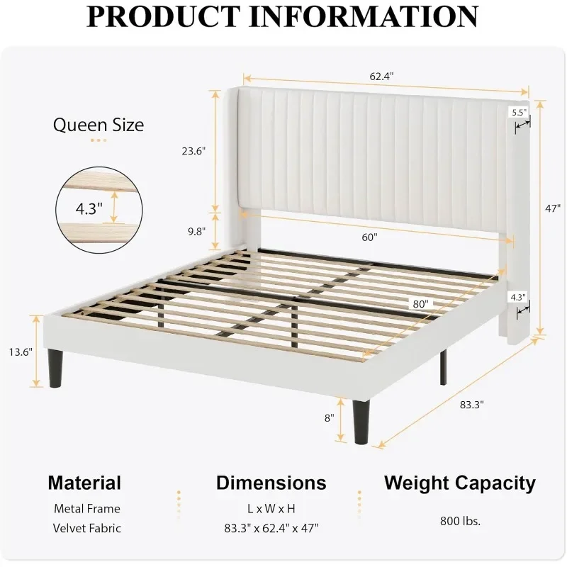 Queen Size Velvet Bed Frame with Vertical Channel Tufted Wingback Headboard, Upholstered Platform Bed with Wood Slats