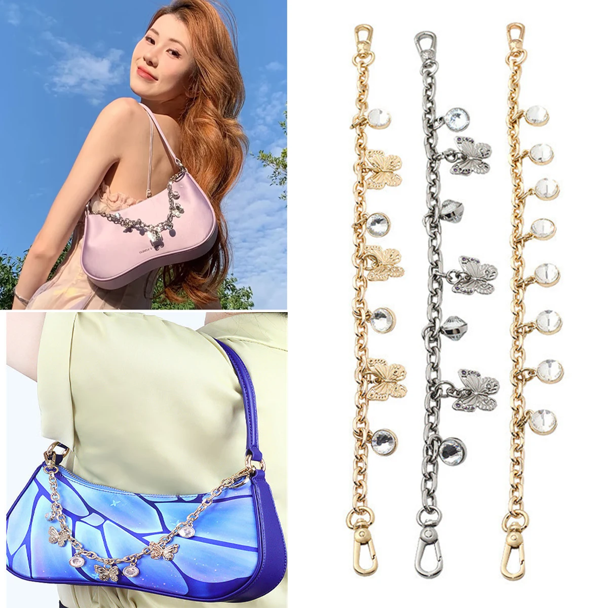 HOLIN Crystal Butterfly Bag Decoration Hanging Chain High Quality Not Fade Metal Chain Pendant Accessory for Bag Modification