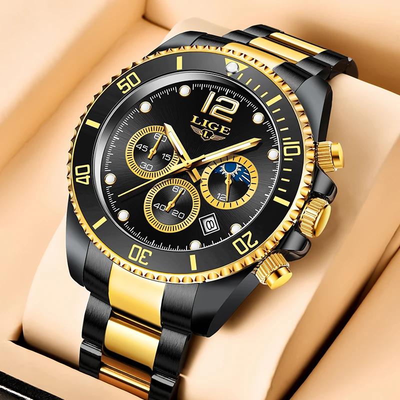 LIGE Fashion Gold Quartz Watches For Men Waterproof Sport Military Watch Men Casual Business Date Chronograph Relogio Masculino