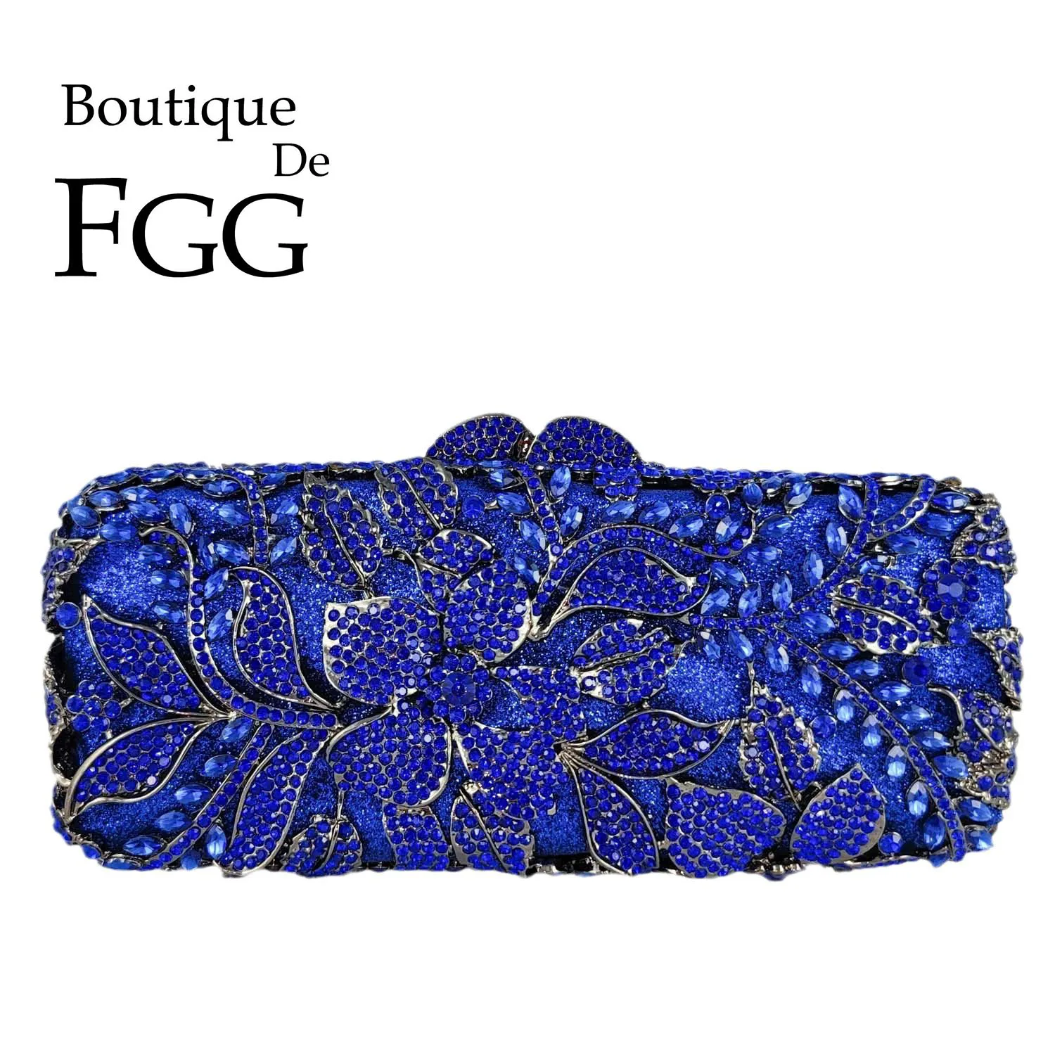 

Boutique De FGG Royal Blue Women Flower Minaudiere Evening Bags Wedding Party Dinner Crystal Clutch Purses and Handbags