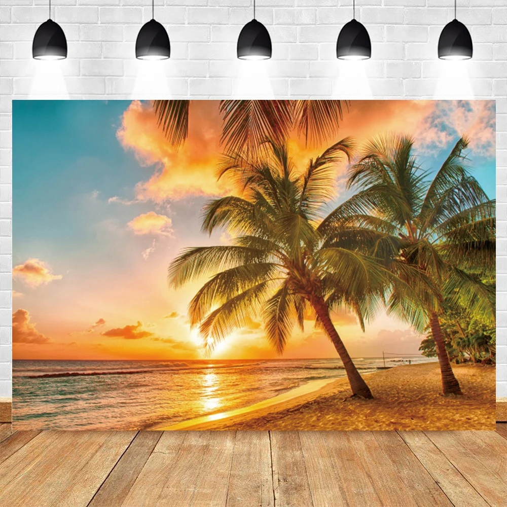 Tropical Summer Seaside Backdrop Hawaii Palm Tree Blue Sky Sea Ocean Beach Party Photo Wedding Baby Birthday Background Banner